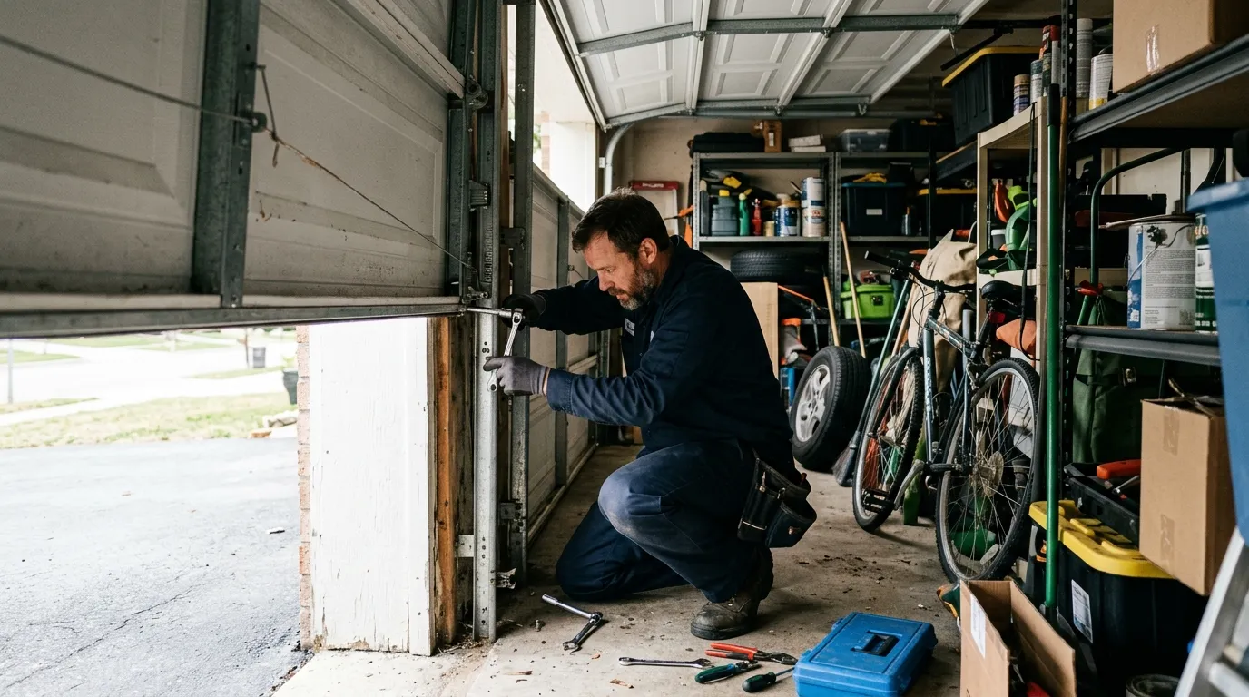 Garage door technician repairing a residential garage door in Glendale Arizona