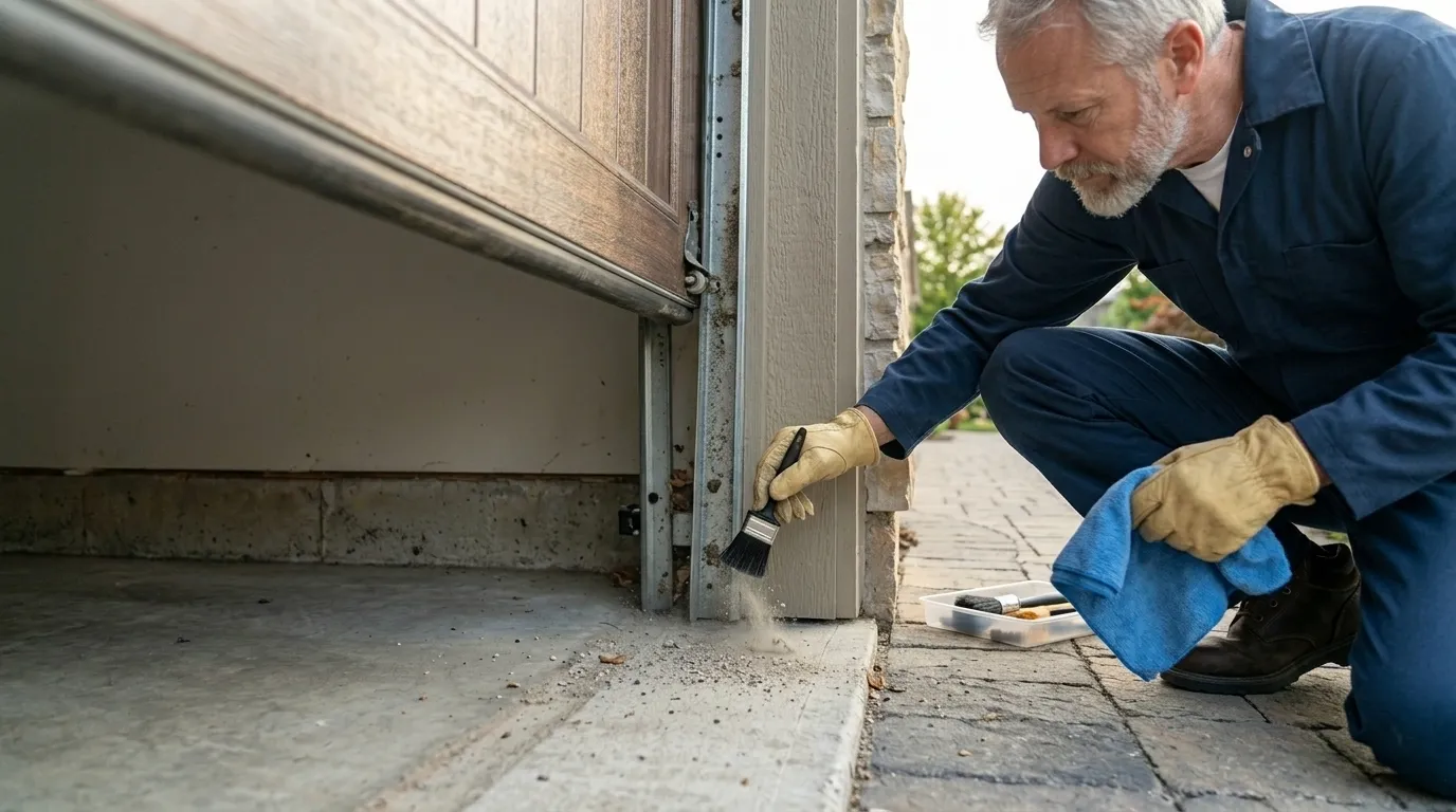 Garage door technician inspecting springs rollers tracks and opener in Glendale Arizona